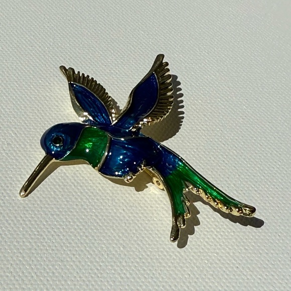 Blue Hummingbird Brooch | Enamel Bird Pin Jewelry - Picture 5 of 11